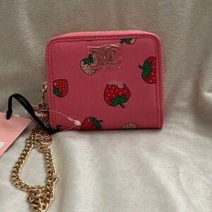 Juicy Couture Pink Strawberry Print Zip Wallet with Gold Chain.